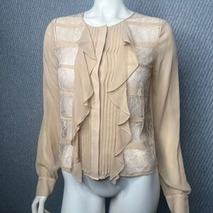 BCBGMaxAzria 100% Silk Bare Pink Cait Lace Blouse Tan Top Coquette‎